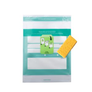 Dispositif de prélèvement stérile avec éponge jaune, fourni dans sachet stérile turquoise avec pictogrammes d'utilisation et conseils de désinfection