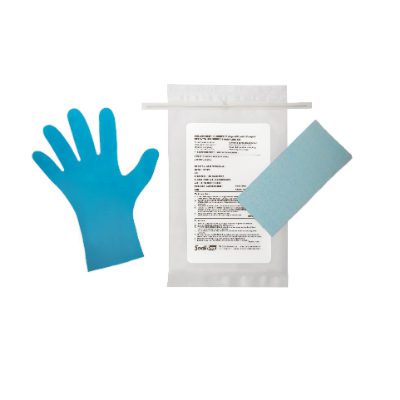 Référence A04023 - Chiffonnette bleue, eau distillée, sachet bleu refermable par lien, avec gants