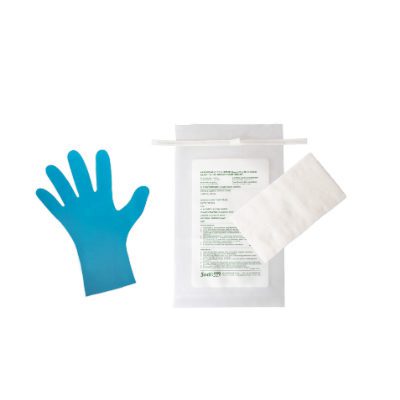 Référence A04030 - Chiffonnette blanche, eau peptonée neutralisant, sachet refermable par lien, avec gants