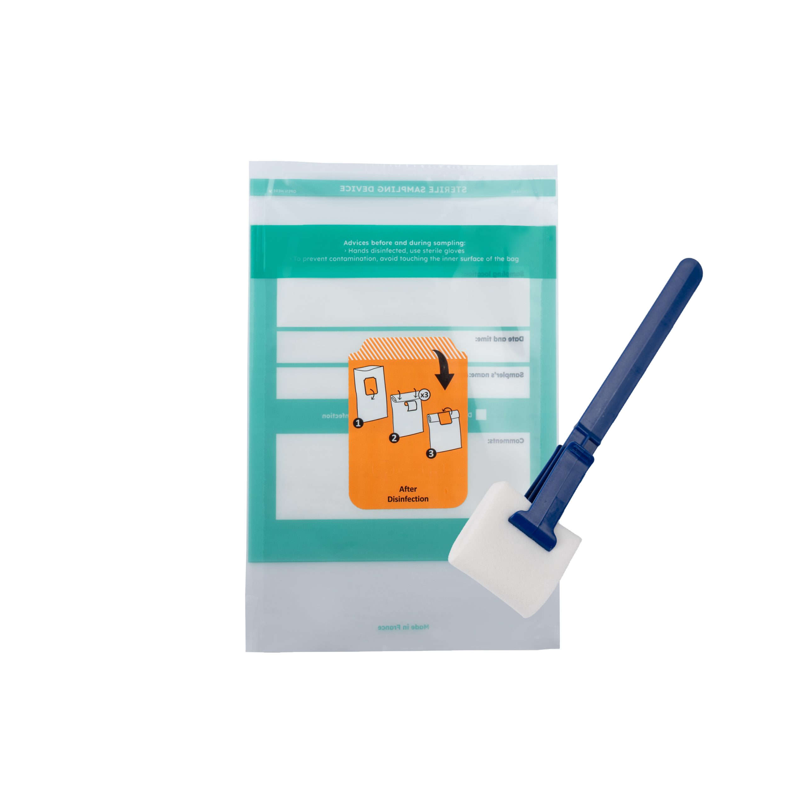 Éponge blanche avec stick sur sachet avec étiquette orange- Version3