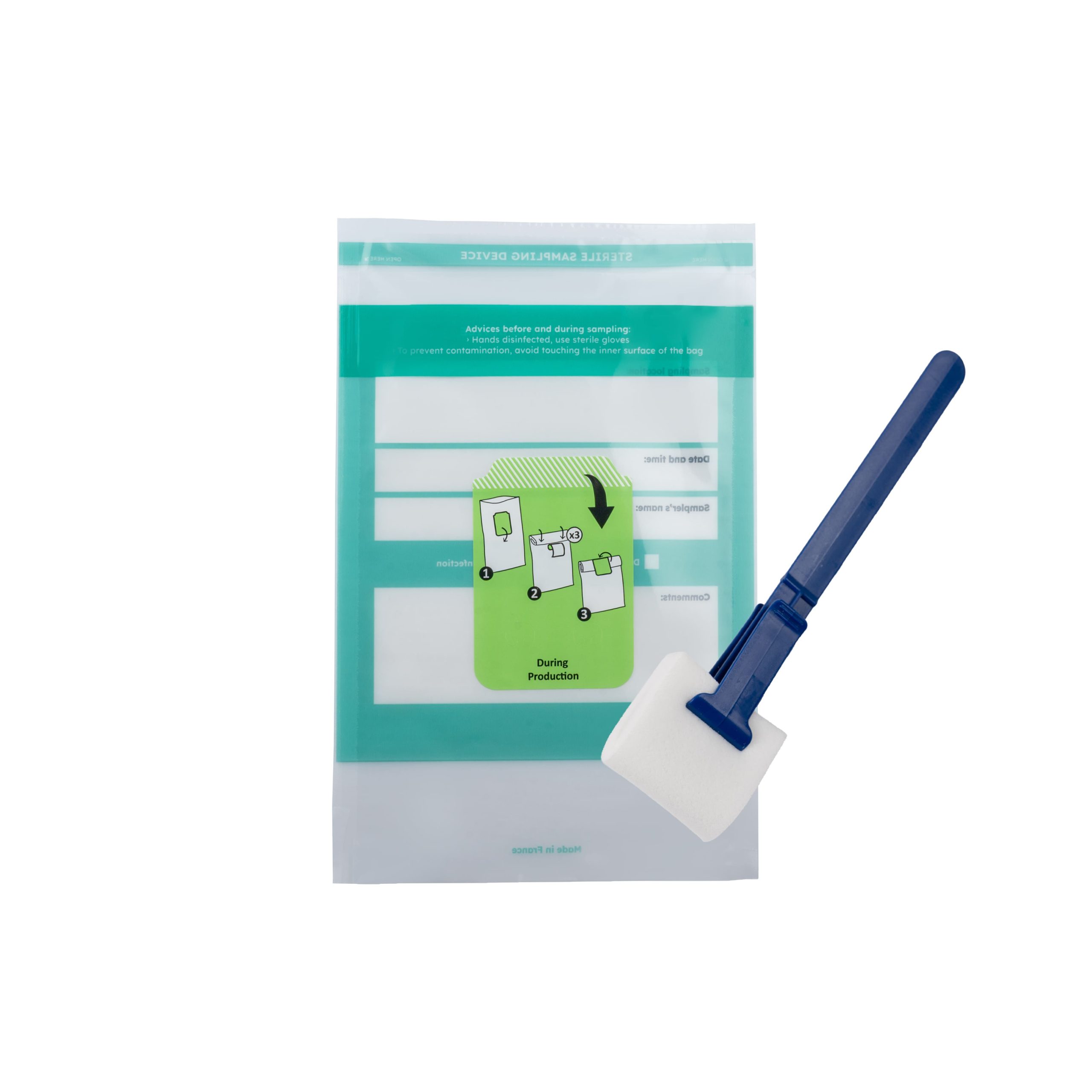 Éponge blanche avec stick sur sachet avec étiquette verte-Version3