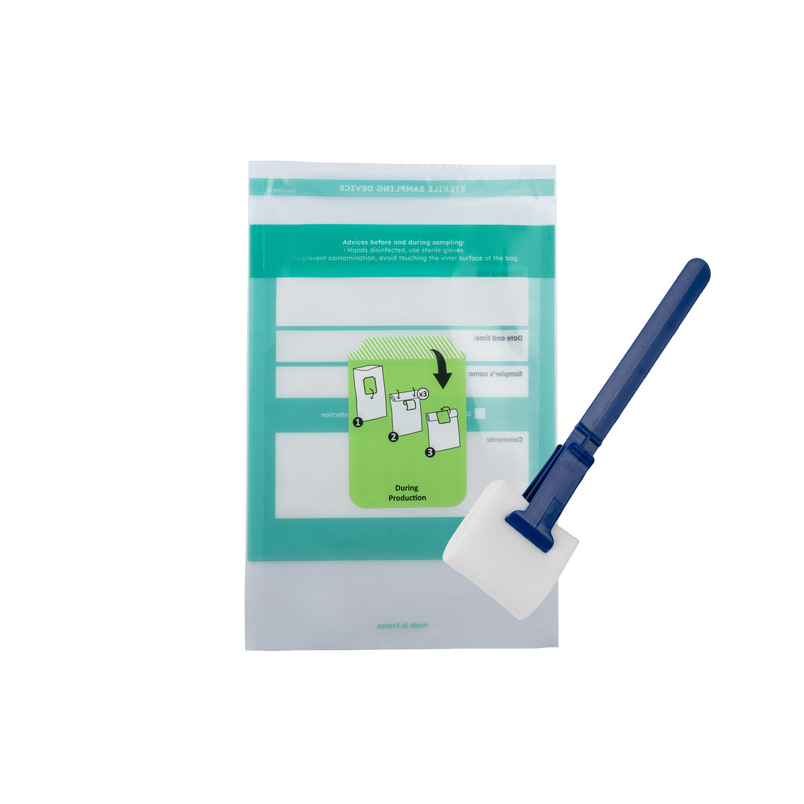 Éponge blanche avec stick sur sachet avec étiquette verte-Version3