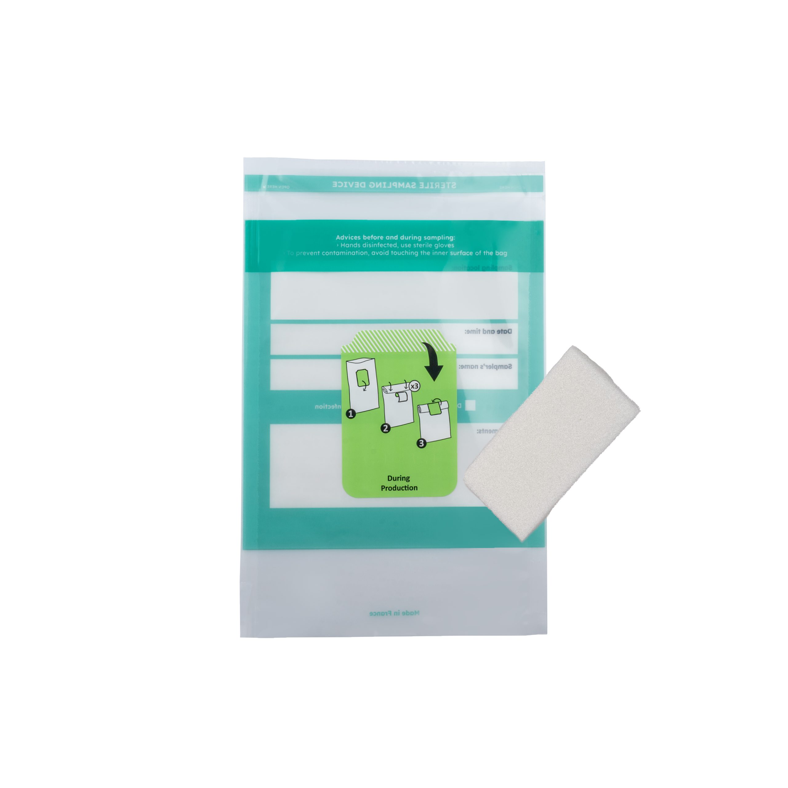 White sponge without stick on bag with green label